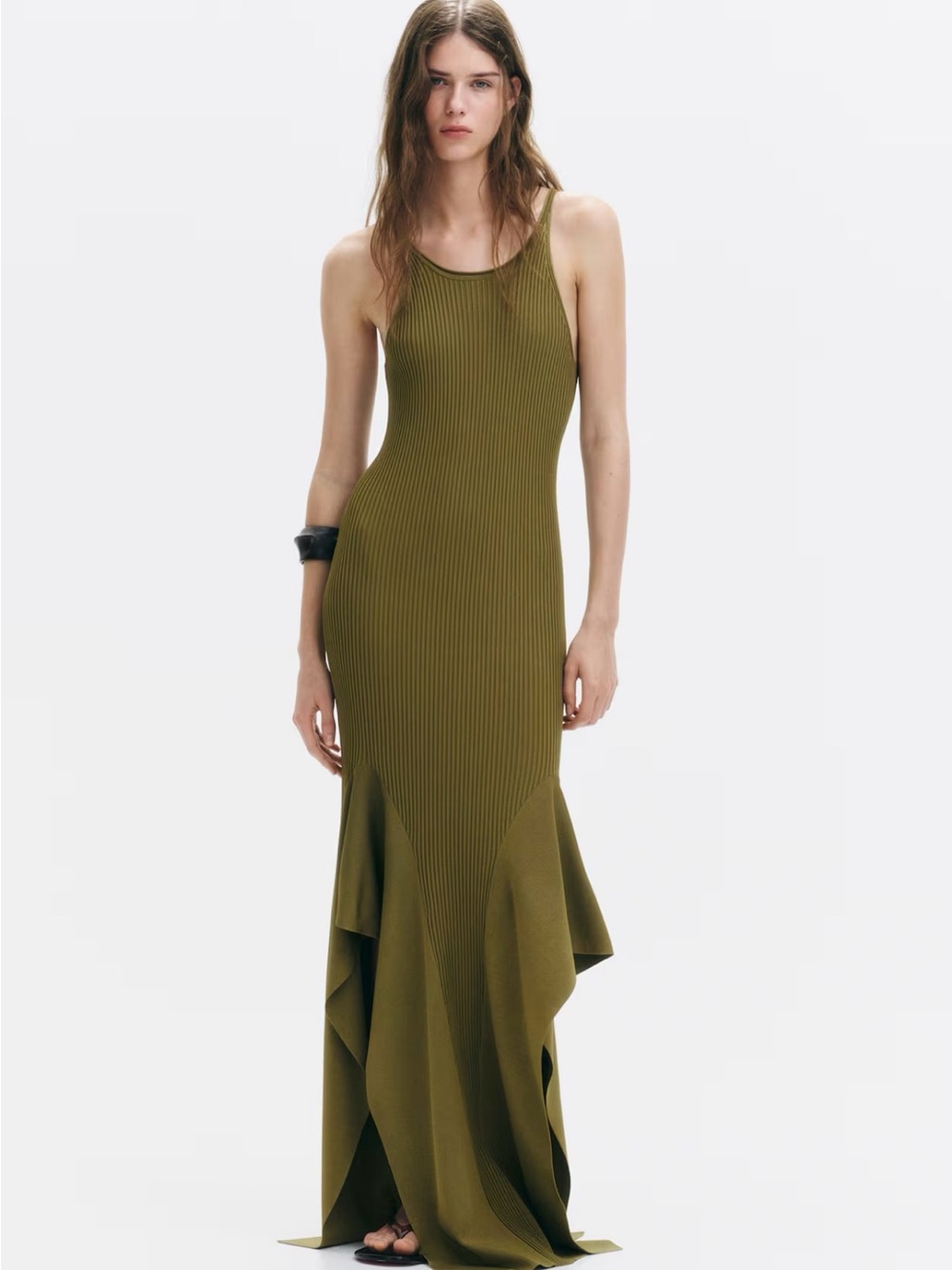 H&M EDITION,NWT OLIVE GREEN FLOUNCED KNIT DRESS SIZE XS